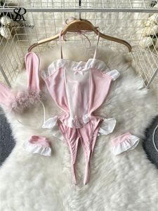 Singrainy Eric Cosplay Rabbit Maid Sexig underkläder Set Open Crotch Ultra Thin Underwear Transparent Hollow Spets Pornographic Tight 240425