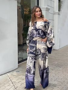 2024 2 Piece Set Women Summer Casual Crew Pullover Printed Half Lantern Sleeve Top Loose Wide Legs With Pockets Pants Sets 2405073