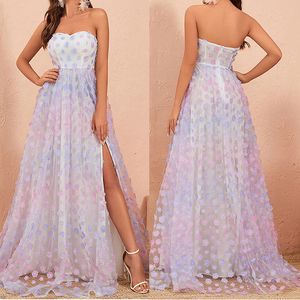 Summer A-Line Prom Dresses Strapless Sleeveless Floor Length Flowers Lace Side Split Ruffle Pick-ups Celebrity Evening Dresses Plus Size Custom Made B5007