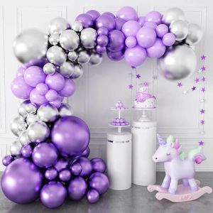 Decoração de festa 1set 1set roxo lavanda balão guirlanda kit arco arco de balões prateados de prata aniversário decoração de casamento no chá de bebê