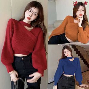 Women's T-Shirt Womens cross neck suspender sweater autumn and winter knitted long sleeved sweater womens warm V-neck shoulder pull-out sexy jumperL2405