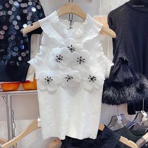 Women's Tanks Summer 2024 White Knitted Tank Top For Women 3D Flowers Attached Pearls Beading Slim Stretchy Tees T-shirt Sleeveless 43943