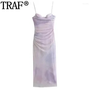 Casual Dresses Slip Ruched Tulle Dress Woman Print Sleeveless Midi Bodycon Backless Long Women Summer Party