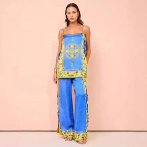 Vintage Print Women 2 Pieces Set Sleeveless Top Loose Long Pants Lady Spring Summer Hawaii Beach Casual Indie Folk Outfits 240423