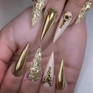 False Nails 24Pcs French Almond False Nails Glitter with Rhinestones Wearable Fake Nails Artificial Simple Full Cover Press on Nails Tips T240507