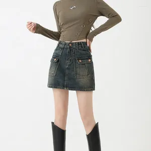 Röcke Retro Blue Wash Denim Micro Minirock für Frauen modische amerikanische Frachtstil Jean Pocket Female Bottoms Y2K