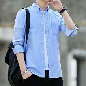 Herrklänningskjortor Spring och Autumn Mens Shirt Oxford Cotton Tyg Shirt Long Sle Solid Color Neck Shirt Business Fit Top D240507