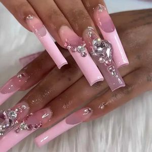 FALSE NAILS 24st Bow Flame Design Nails Long Press On Nails With Pearl Wearable Coffin Fake Nails French T240507