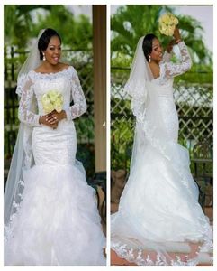 Плюс размер белый с длинным рукавом кружевные русалка свадебное платье сад иллюзия бисера