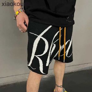 Rhude High end designer shorts for jacquard letter knitted elastic drawstring shorts high street casual pants mens summer With 1:1 original labels