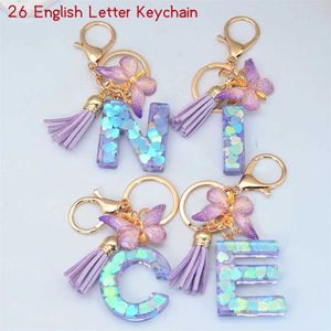 Keychains Lanyards Fashion Purple Love Paljetter Inledande hänge Keychain Kvinnlig fjäril Tassel Charms Bag Ornament Bil Trinken Accessories Gift