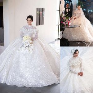 Long 3D Dresses Brillicant Wedding Flower Jewel Ball Sleeves Shining Applicants Chapel Pleats Custom Made Bridal Gown Plus Size Vestidos De Novia