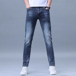 End High European Mens Fashion Jeans Spring and Summer Elastic Slim Fit Versatile Light Luxury Casual Blue Pants