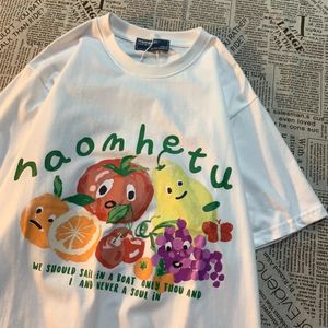 American Retro Fruit Print Round Neck Short Sheeved Tshirt för kvinnor och män Trendiga Löst mångsidiga par Halva tee 240420