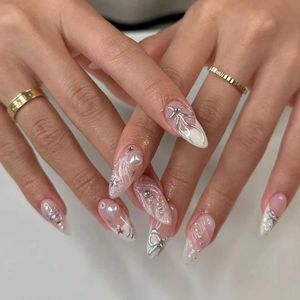 False Nails 24pcs 3d French Press on Nails y2k love bow swt almond false Nails patch ins fashion girl fake nails wearable full cover t240507