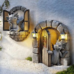 Sculptures Resin Solar Dragon Statue Opening Door Window Reading Book Dragon Sculpture Outdoor Garden Yard Design Ornament Home Decoration