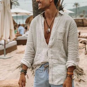 Men's Polos Mens comfortable cotton linen long sleeved loose casual beach shirt seaside shirtL2405