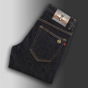 e outono de inverno de luxo de luxo de luxo, calças casuais mansas de fit com pés pequenos elásticos jeans de perna reta grossa