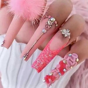 False unhas 24pcs balé longo unhas falsas com strass caixão de caixão de flor As unhas falsas pregos vestíveis francês na unhas dicas de manicure t240507