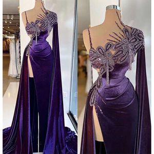 Purple Veet Prom Dresses Princess Sleeveless With Cape Sexy V Neck Appliques Sequins Beads Side Slit Shiny Floor Length Party Gowns Plus Size Custom Made 0431