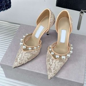 2024 Spring/Summer New Fashion Classic High Heels Pearl Lace Thin Heel Single Shoes Pointed Hollow Sandals for Women