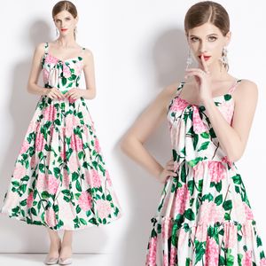 Landebahn Vintage Blumen Blätter Druck Damen Damen Midi Long Sundresses Fliege Krawatte ärmellose Freizeitparty Abend Urlaub Neuankömmlinge Sommer Großhandel Dropshipping