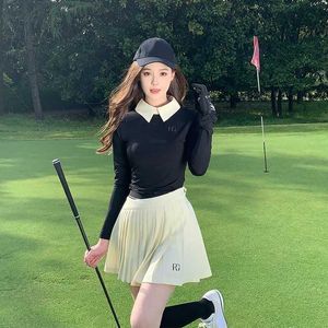 Women's Tracksuits New Women Clothing Suit Lapel Long Slve Top Breathable Black Polo Shirt Ladies Pleated Skort Sports Jersey Y240507