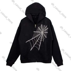 Rhinestones Spider Web Skeleton Print Black Y2K Goth Lång ärm full zip hoodies överdimensionerad jacka amerikansk mode som säljer 988
