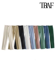 Traf Women Chic Fashion Office Wear Straight Pants Vintage High midjextlås Kvinnbyxor Mujer 240423