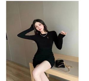 Zhen Letter Brooch Decoration Pleist Weist Offtheshoulder Long Sleeve Dress9394913