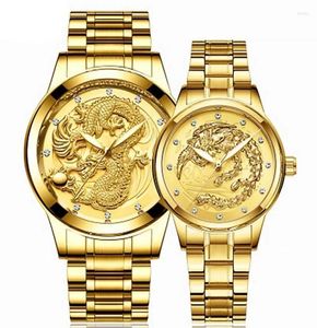 腕時計Fegeen Dragon Man Quartz Watch Phoenix Women Waterproof Gold Color Ultrathin Steel Beltカップル3427970