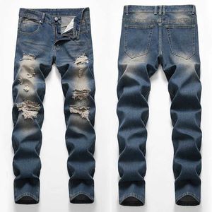 Herr jeans män denim jeans hål förstörda långa byxor herr gamla cool tidvatten varumärke casual byxor plus size j240507