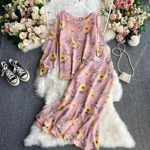 Work Dresses Spring Korean Fashion Style Set Women 2 Pieces O Neck Flower Print Long Sleeve Top Suit High Waist Slim Mermaid Skirt Outfits