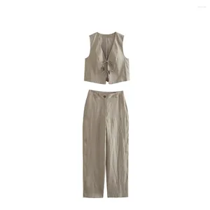 Women's Two Piece Pants 2024 Summer Women Casual Linen Suit Beading V-Neck Sleeveless Vest High Waist Straight Long Zipper Vintage Sets