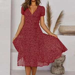 Casual Dresses Solid Color Polka Dot Printed Women Long Skirt Fit And Flare Short Sleeve V-Neck Mid-Calf Female Dress Indie Folk Lady