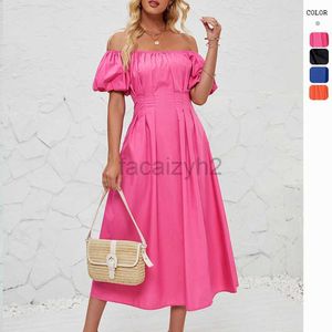 Designer Dress Women's off shoulder bubble short sleeved pleated high waisted summer solid color dress Plus size Dresses