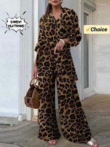 Kvinnors tvåbitar byxor Summer Fashion Collection Wear Matching Leopard Mönster Top Loose Wide Leg Retro Set