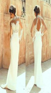 New Arrival Sexy Beach Fitted Wedding Dresses Beaded Sheer High Neck Illusion Long Sleeves Hollow Back Chiffon Bridal Gowns 2020 N8183104