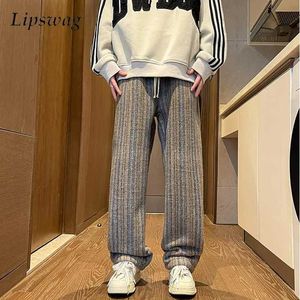Men's Pants Retro striped crochet wool pants for mens street clothing fashion spring loose straight wool mens clothing new Vibe pants J240507