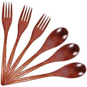 Conjuntos de utensílios de jantar 6 pcs colher de pau e bifurcação de duas peças com alça longa com alça longa portátil utensílios de mesa portáteis acessórios domésticos