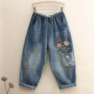Dżinsowe dżinsy lady 2024 Summer harem dżinsowe kieszenie cienkie elastyczne hafty haftowe kwiaty retro moda luźne spodnie yoyikamomo