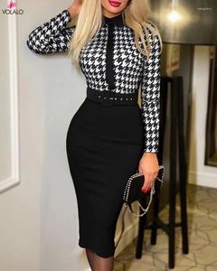 Casual Dresses Print Long Sleeve Tie Work Elegant Office Lady Dress With Belt Waist Tight Midi Party Ladies Evening Feminine Y2K