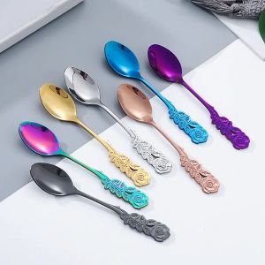 Sets Tea Stirring Spoon Ice Cream Scoop Cute Rose Flowers Spoons Rainbow Coffee Tea Spoon Flatware Drinking Tools Stainless Steel