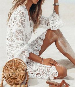 Frauen Urlaubskleid sexy weiße Spitze Hollow -out Beach Bikini Deck Up Boho Party Sonne Mini Deepv Hals Sunddress179p7386395