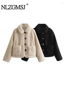 Women's Jackets Nlzgmsj 2024 Winter Women Two-tone Short Faux Shearling Collared Jacket With Long Sleeves Warm Coats