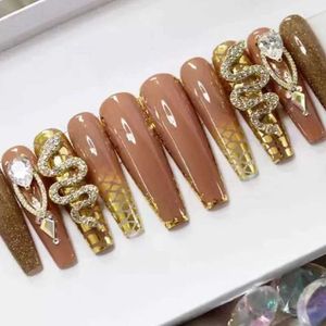 Falska naglar 24 st långa kista False naglar med lim bärbara bruna falska naglar med strass balettpress på naglar fullt täcke nagelspetsar T240507