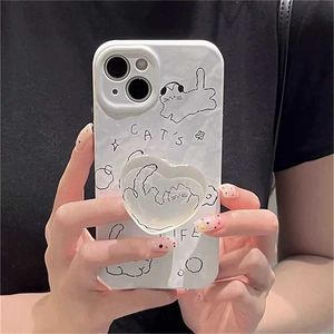Cell Phone Mounts Holders Korea Cute Cat 3D Love Heart Phone Grip Tok Griptok Clear White Holder Ring For iPhone 15 Accessories Lovely Crystal Phone Stand