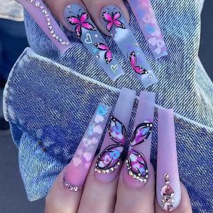 False Nails 24Pcs Butterfly Press on Nails Long Ballet False Nails Purple Gradient Wearable Fake Nails with Rhinestone Manicure Tool T240507