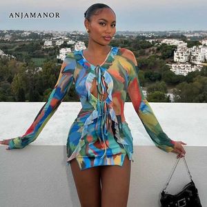 Vestidos sexy urbanos Anjamanor Multicolor Print Short Dress Holiday Boshol Trey Front Hollow Long Slve Vestres para mulheres 2023 Roupas de outono D17-CD22 T240507