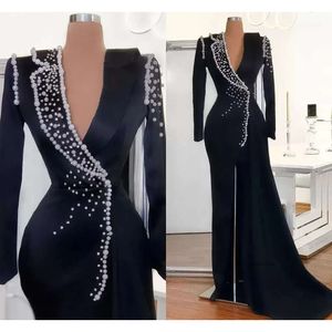 Black Mermaid Prom Dresses Princess V Neck Appliques Sequins Pearls Satin Lace Long Sleeves Front Slit Floor Length Party Gowns Plus Size Custom Made 0431